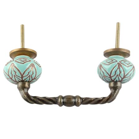 Turquoise Amarylis Floral Etched Ceramic Cut Bridge Handle